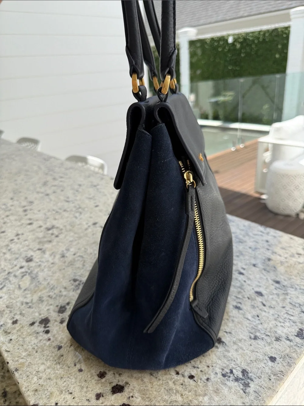 Tory Burch Black Leather with Navy Suede Top-Handle Satchel